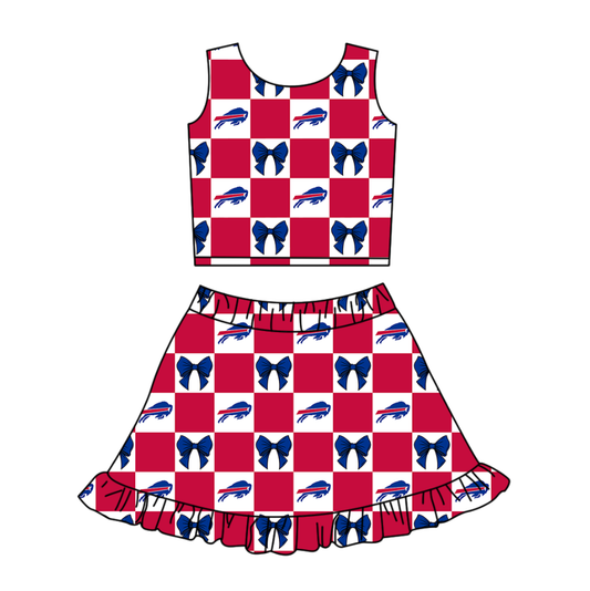 Custom moq 3 or 5 mix size milk silk summer teams baby girl clothes bow blue and red sleeveless skirts sets-26.1.20