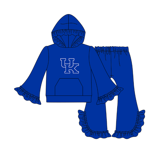 Custom moq 5 mix size milk silk summer teams baby girls clothe lace blue hooded long sleeve pants sets