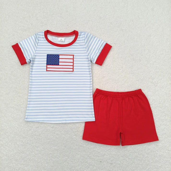 RTS NO MOQ baby boy Clothes 4th of july embroidery short sleeve shorts Sets