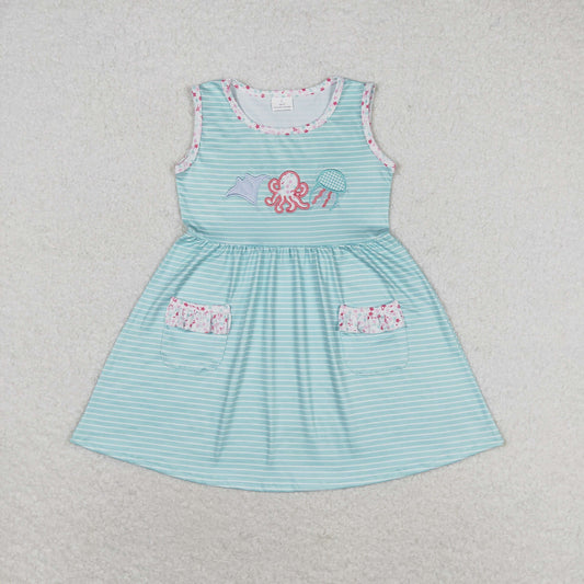 RTS no moq GSD0963 Embroidered octopus and jellyfish striped teal sleeveless dress