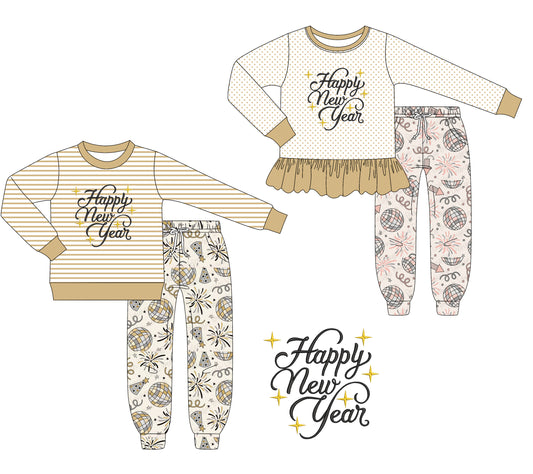 25.8.28 custom each style moq 5 eta 4-6week Sibling Sisters happy new year baby girl long sleeve pants sets 2