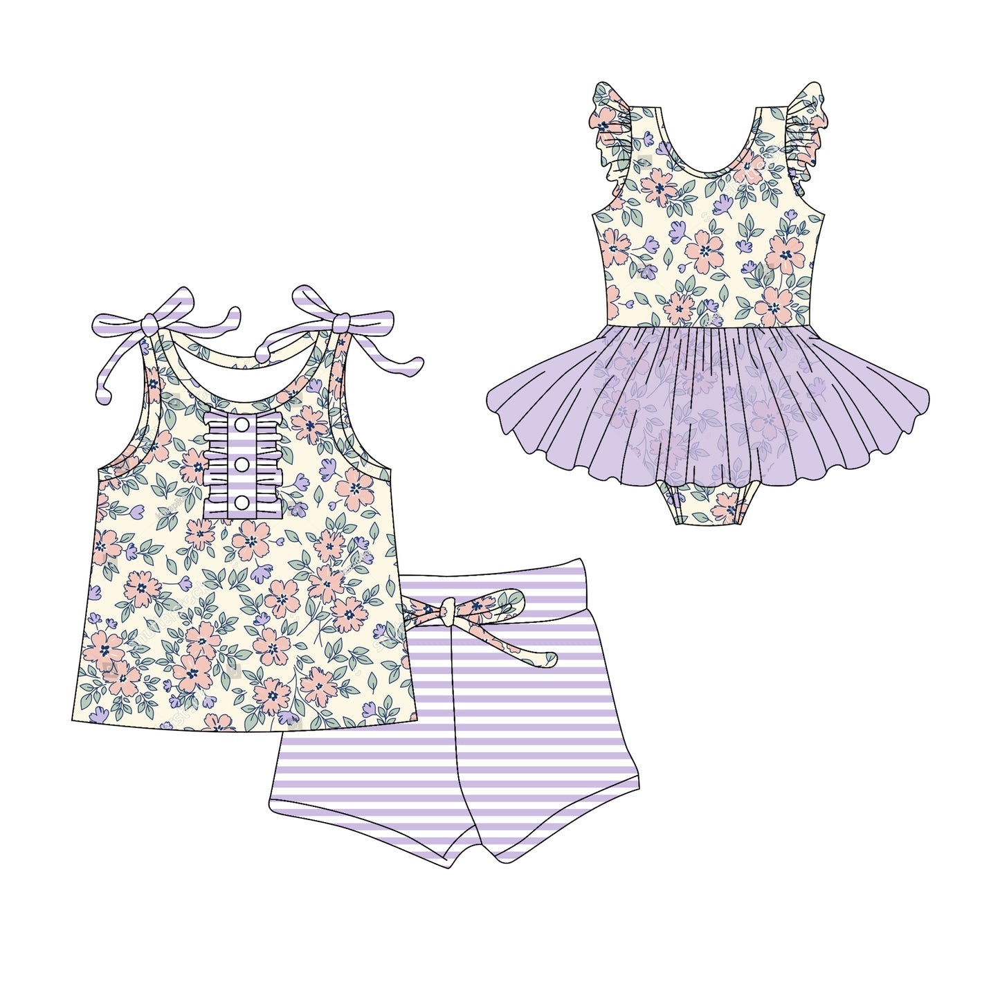 3.1 custom each style moq 5eta 4-6week Sibling Sister floral baby girl short sleeve shorts sets and romper match design