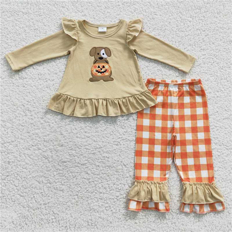 Baby Kids puppy pumpkin Summer Embroidery Sibling Rompers Clothes Set