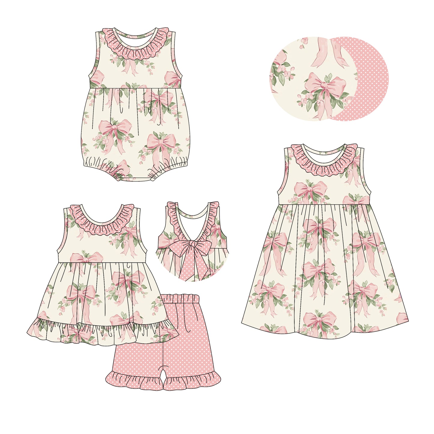 2.26 custom each style moq 5eta 4-6week Sibling Sisters bow floral baby girl short sleeve shorts sets and dress and rompers match family design