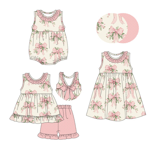 2.26 custom each style moq 5eta 4-6week Sibling Sisters bow floral baby girl short sleeve shorts sets and dress and rompers match family design