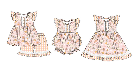 11.3 custom each style moq 5eta 4-6week Sibling Sister easter floral baby girl short sleeve shorts sets and dress and rompers match family design