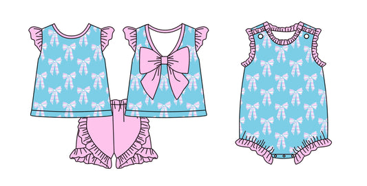 2.10 custom each style moq 5eta 4-6week Sibling Sister bow baby girls short sleeve shorts sets and romper match design