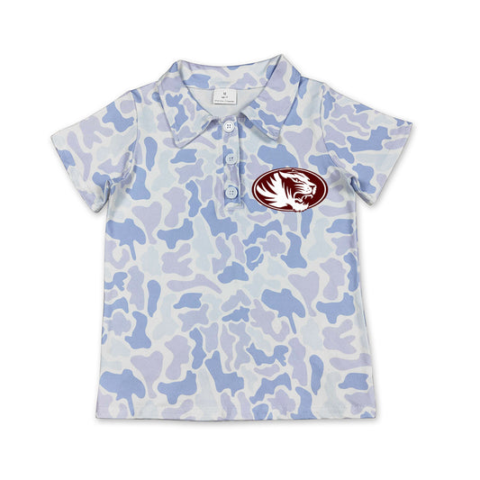 Custom moq 5 mix size milk silk summer teams Baby Boys Light Blue Camo Short Sleeve Polo Top