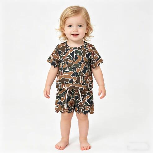 RTS NO MOQ Sibling Baby Girls Camouflage Top with Scallop Shorts Outfit Set