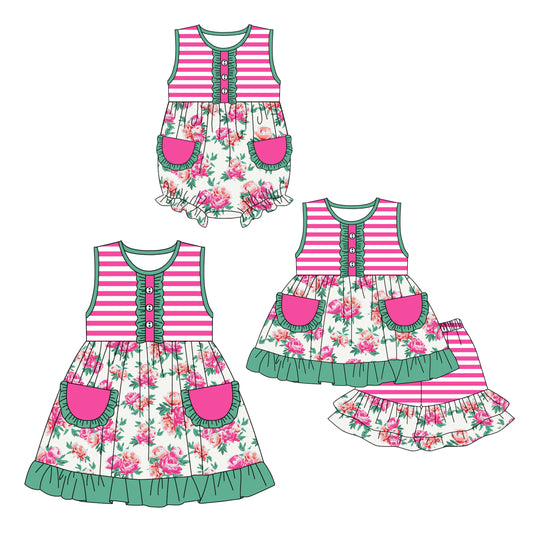 12.16 custom each style moq 5eta 4-6week Sibling Sister floral baby girl short sleeve shorts sets and dress and rompers match family design