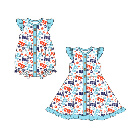 11.27 custom each style moq 5eta 4-6week Sibling Sister 4th of july USA baby girl short sleeve dress and rompers match family design