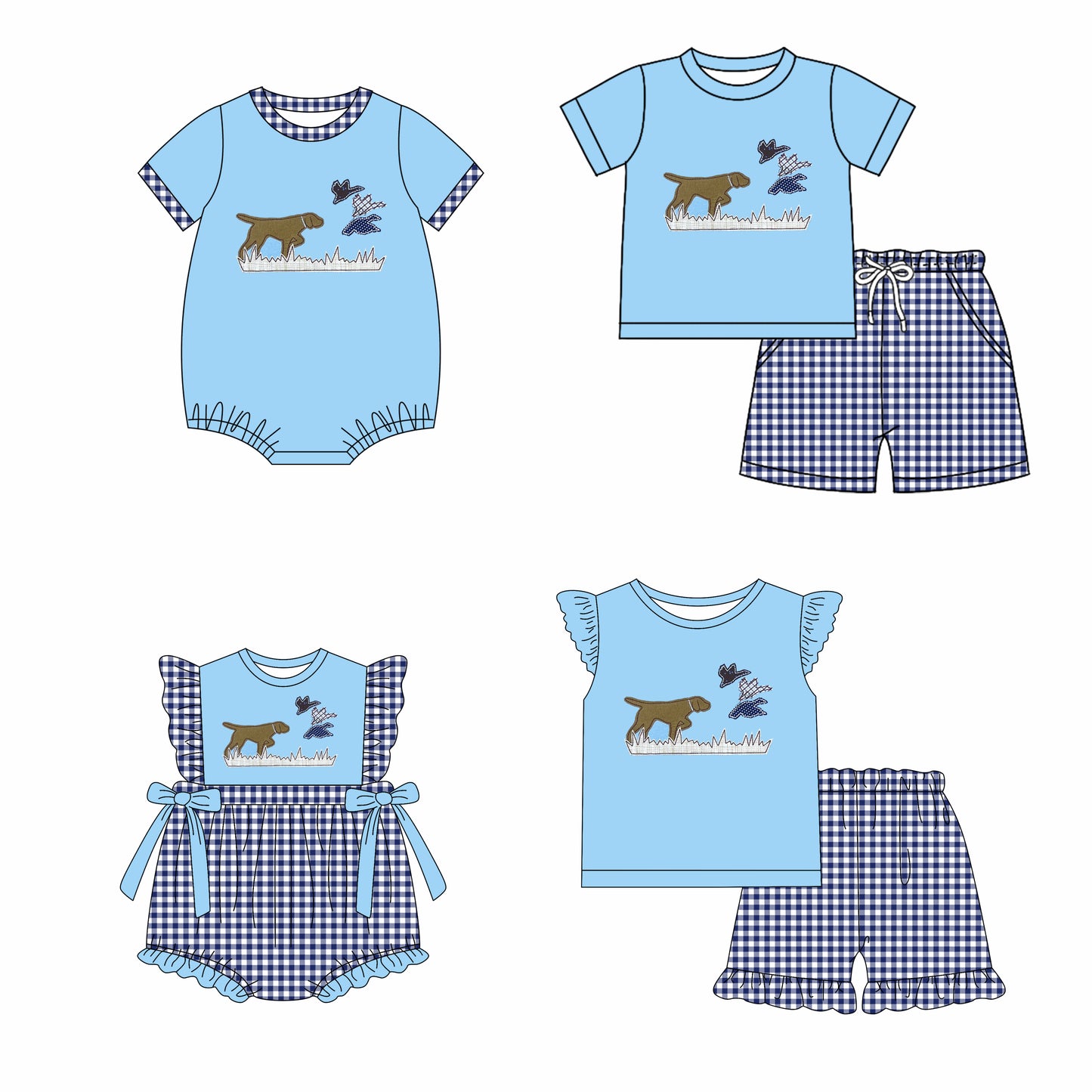 12.2 custom each style moq 5eta 4-6week Sibling Sister puppy blue baby girl short sleeve shorts sets and sets 2 and girls romper and boy romper match design