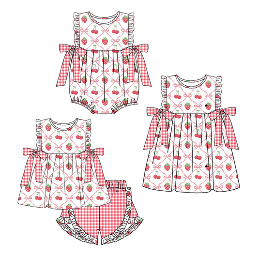 11.13 custom each style moq 5eta 4-6week Sibling Sister strawberry cherry baby girl short sleeve shorts sets and dress and rompers match family design