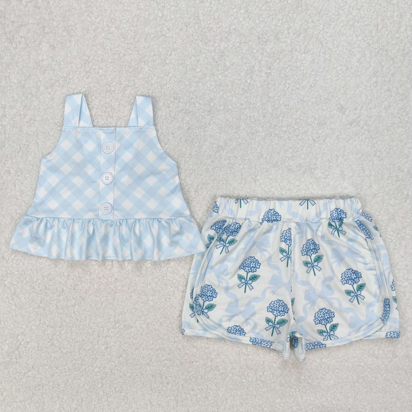 RTS NO MOQ ETA 5/7days Arrived GSSO2078 Plaid Suspenders Flowers and Leaves Blue Bow Pattern Beige Shorts Set