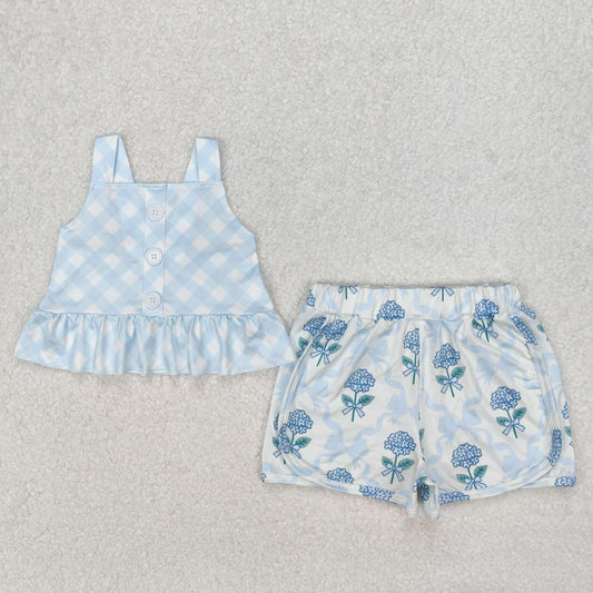 RTS NO MOQ ETA 5/7days Arrived GSSO2078 Plaid Suspenders Flowers and Leaves Blue Bow Pattern Beige Shorts Set