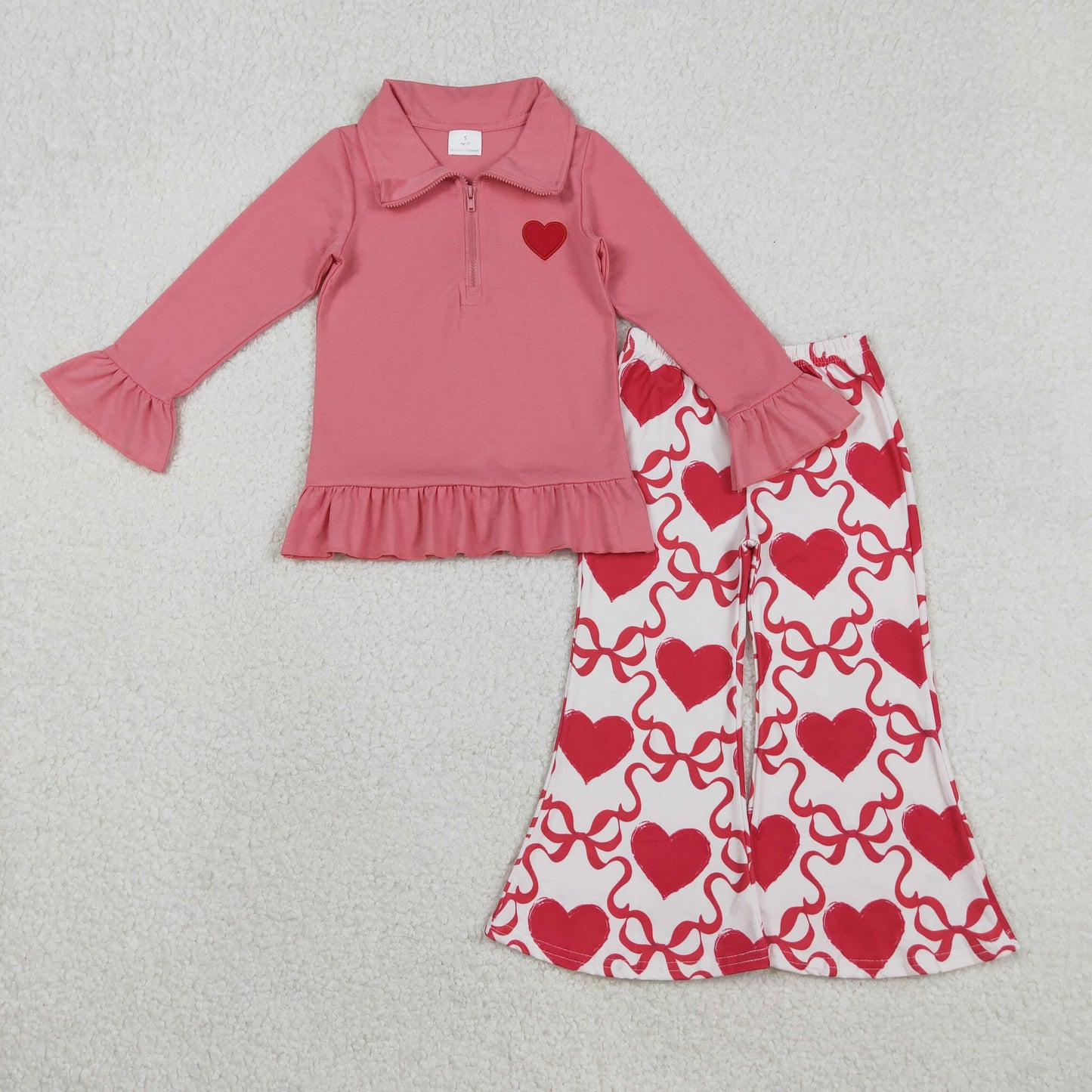 RTS NO MOQ（In Stock ) GT1271+P0895 Embroidered Red Heart Pink Lace Zipper Long-Sleeved Top Pants set-GLP2935