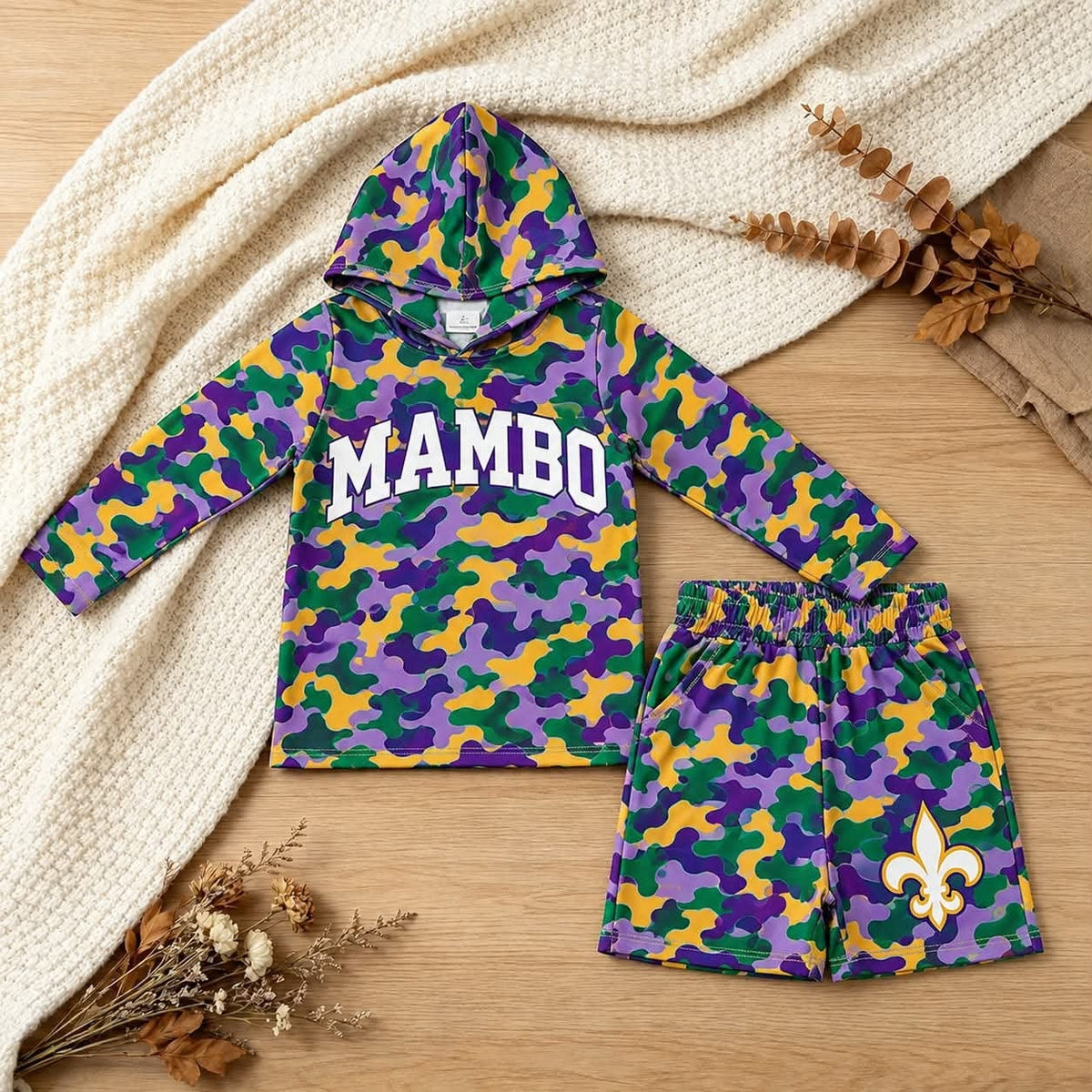 custom moq 5 mix size KYPE0101 Baby Kids Purple Green Gold Camo Hoodie Top And Shorts Set