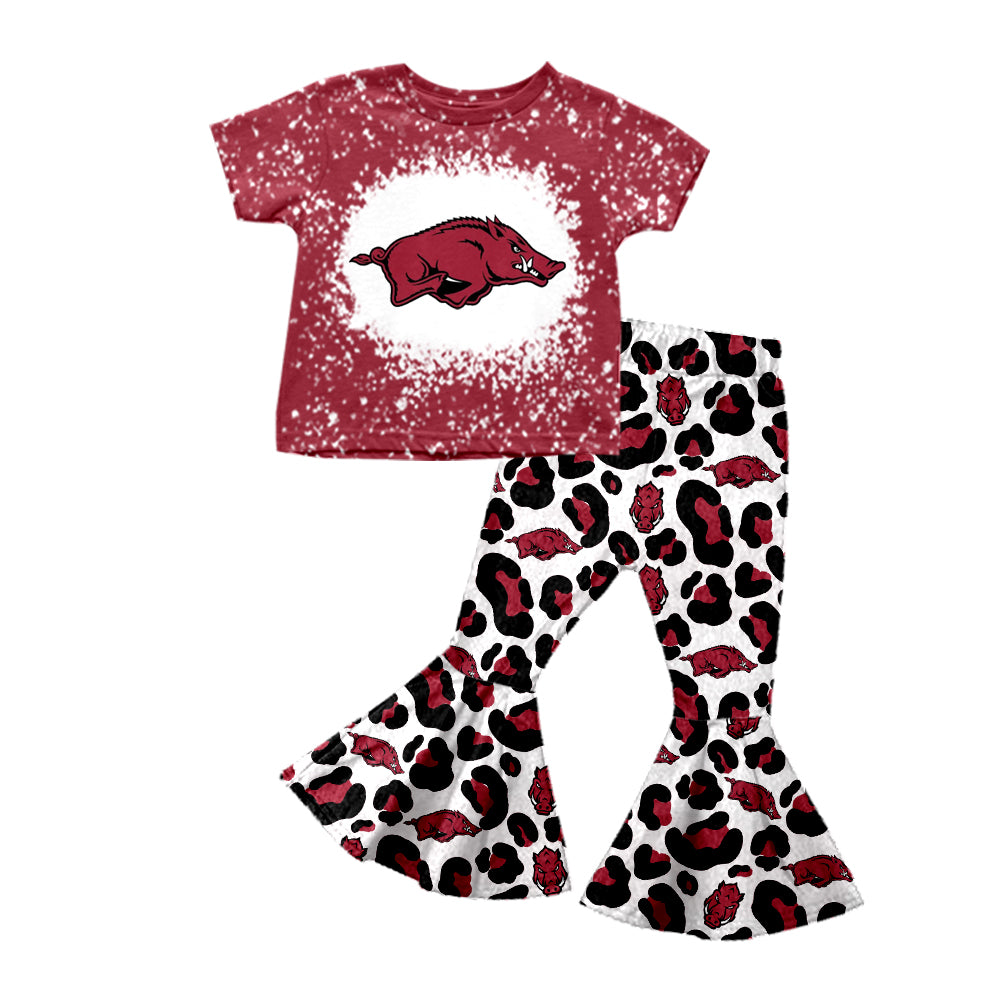 Deadline November 26 custom no moq eta 6-8weeks Baby Girls Red Boar Short Sleeve Top Leopard Flared Pants Set