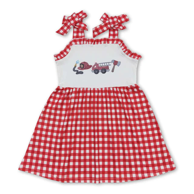 RTS NO MOQ Sibling Baby Girls Fire Truck Red Checkered Straps Knee Length Dresses