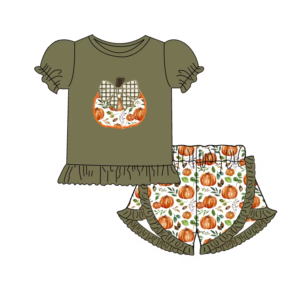 5.10custom each style moq 5eta 4-5week Sibling Sister pumpki prints green girls jumpsuits and dress and baby romper match family design