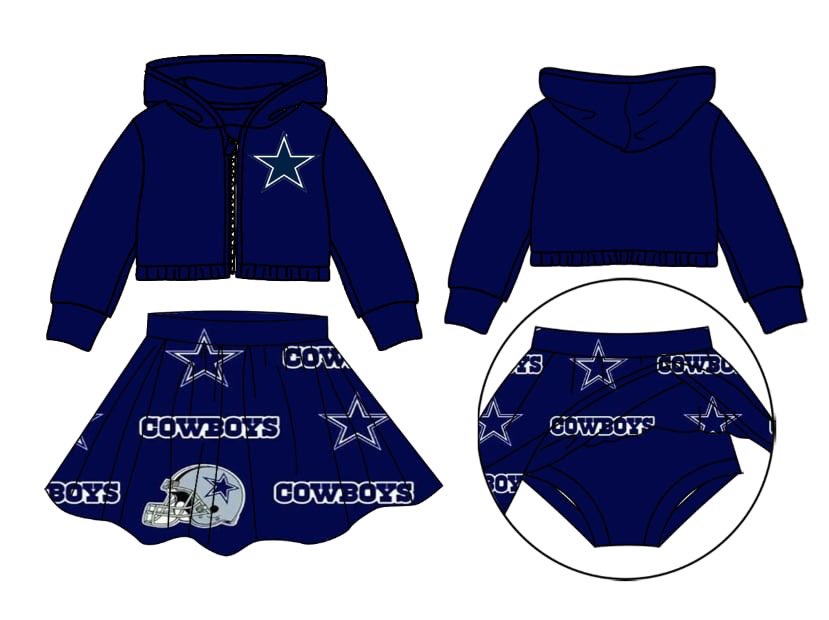 Deadline October 21 custom no moq eta 6-8weeks  Five-pointed star pattern dark blue zip-up hooded jacket-pleated skirt suit