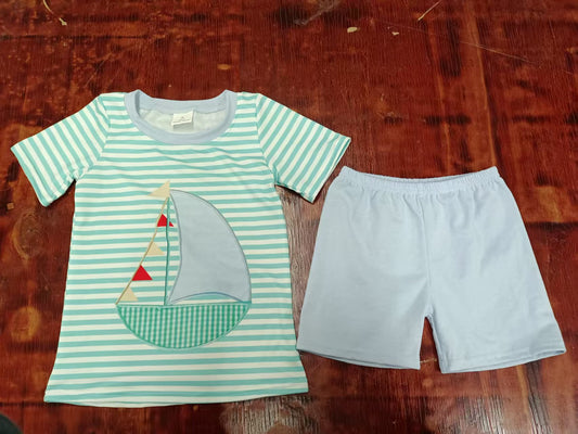 Custom moq 3 eta 6-7weeks baby boys clothes boat green Short Sleeve shorts sets