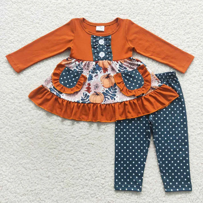 RTS NO MOQ Sibling baby girl clothes halloween pumpkin bow long sleeve pants Sets