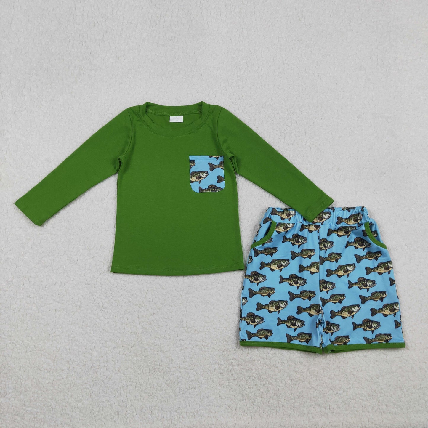 RTS NO MOQ（In Stock) BLS0010 Green long-sleeved blue shorts with fish pattern pockets