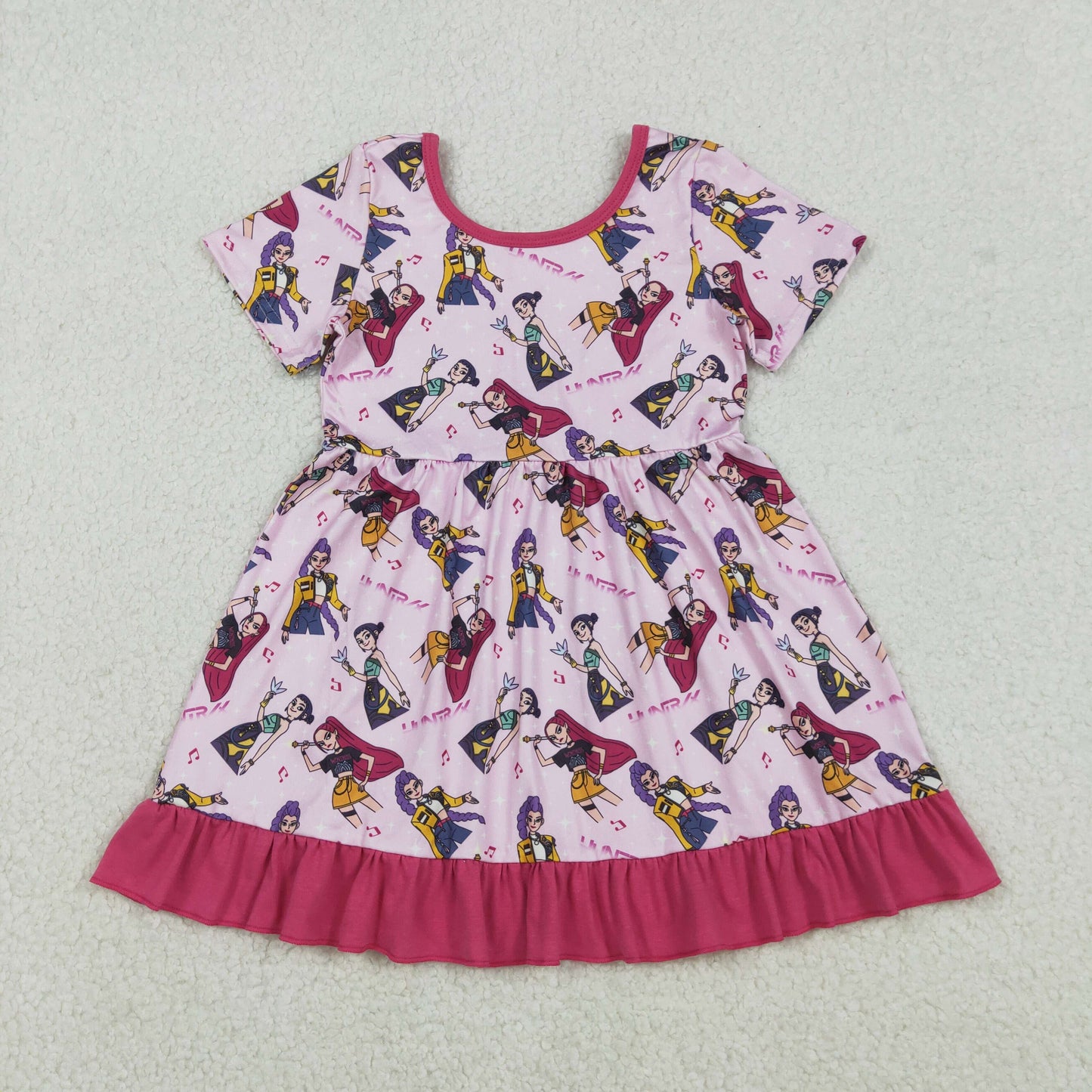 RTS NO MOQ（In Stock) Kpop fuchsia lace short-sleeved dress