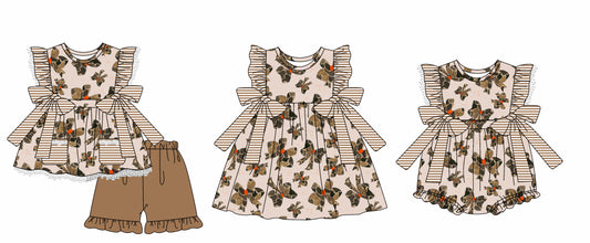 12.2 custom each style moq 5eta 4-6week Sibling Sister bow camouflage baby girl short sleeve shorts sets and dress and rompers match family design