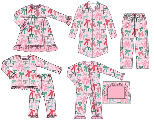 25.6.21 custom each style moq 5eta 4-6week Sibling Sisters bow baby girl long sleeve pants sets and adult top and adult pants and romper and dress match family design