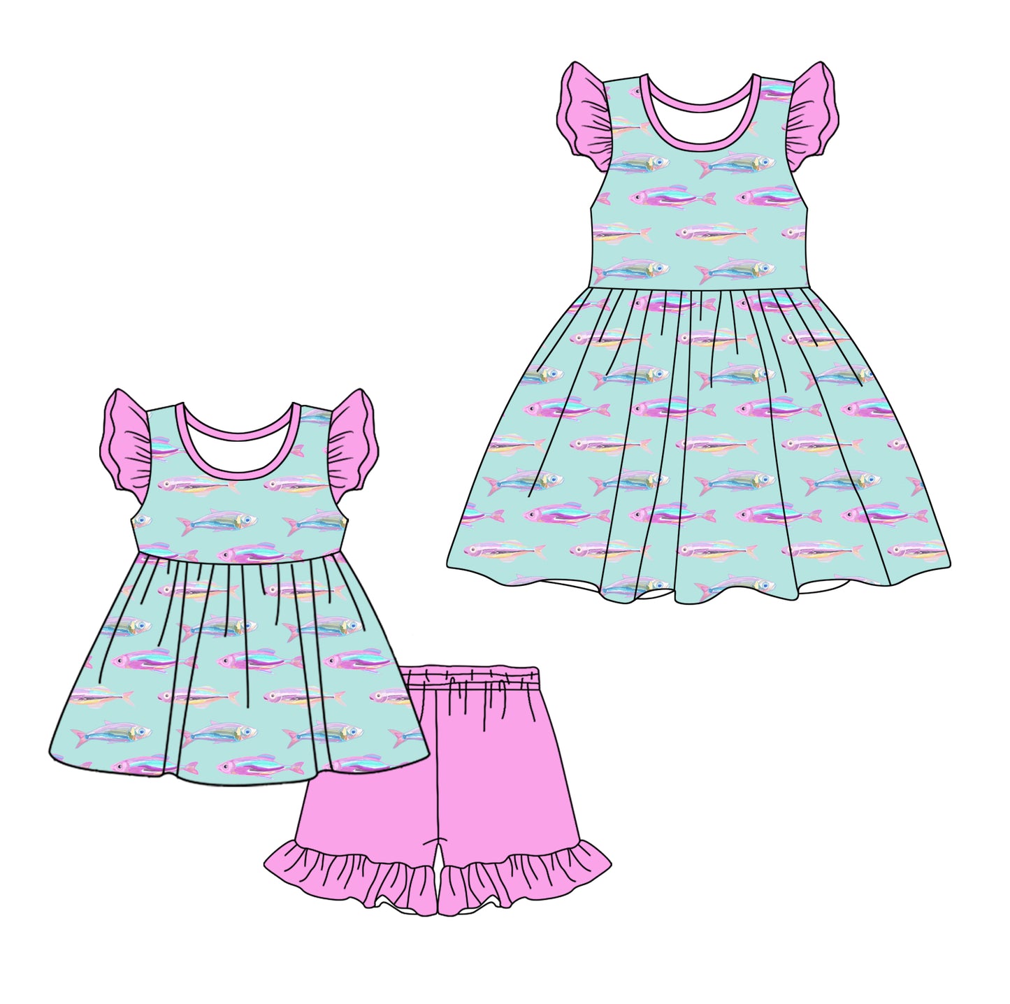 2.10 custom each style moq 5eta 4-6week Sibling Sister fish baby girl short sleeve shorts sets and dresses match design
