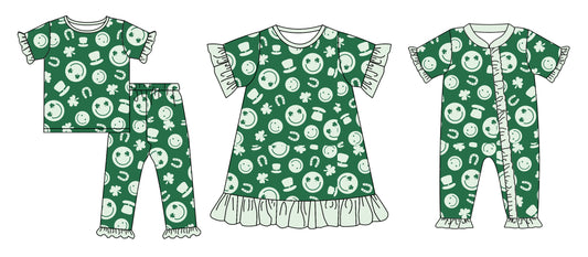 12.4 custom each style moq 5eta 4-6week Sibling Sister smiley green baby girl sets and dress and rompers match family design