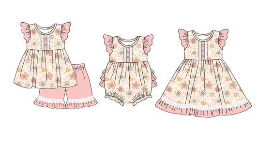 11.3 custom each style moq 5eta 4-6week Sibling Sister love floral baby girl short sleeve shorts sets and dress and rompers match family design