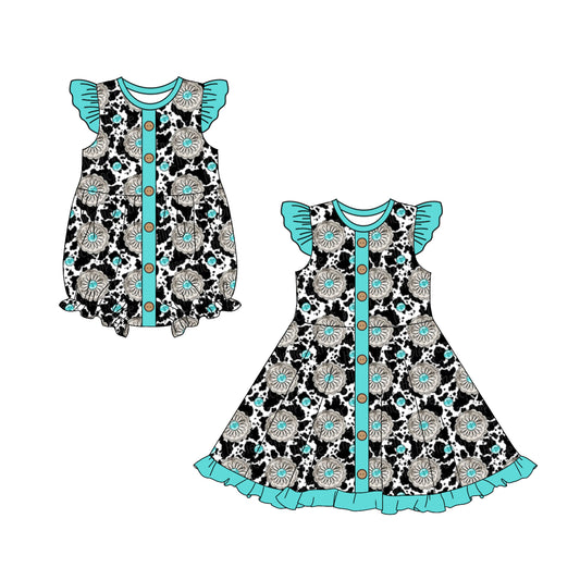 11.27 custom each style moq 5eta 4-6week Sibling Sister cow pattern baby girl short sleeve dress and rompers match family design