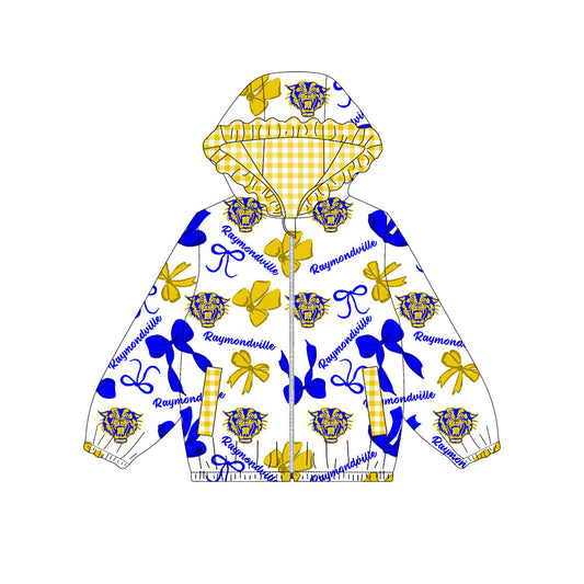 1001-Custom moq 8 mix size milk silk summer team baby girls clothes bow blue and yellow hooded long sleeve top-25.10.9