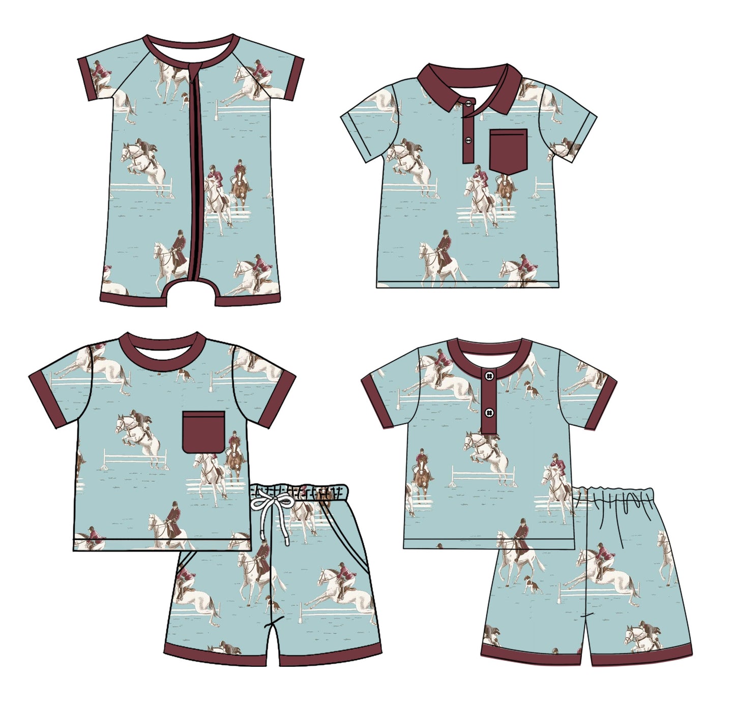 3.3 custom each style moq 5eta 4-6week Sibling Sister riding horse baby girl sets 1 and sets 2 and boy rompers and top match family design