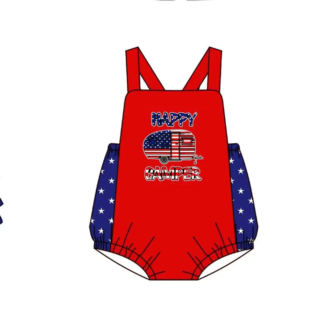5.17custom each style moq 5eta 4-5week Sibling Sister HAPPY CAMPER print red girls and boys outfits and baby romper match family design