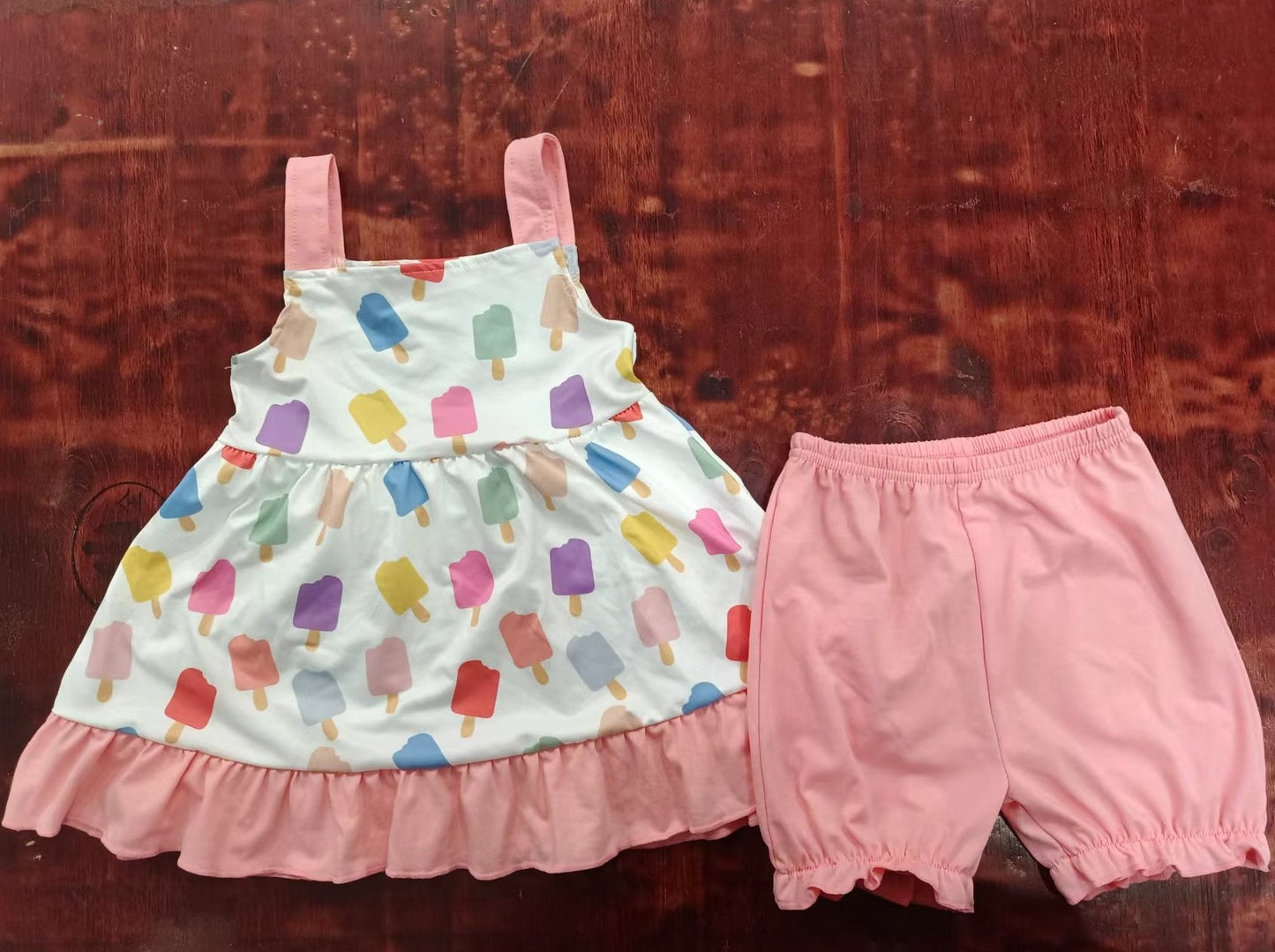 custom moq 5 eta 4-6weeks summer team baby girls clothes ice cream pink shorts sets