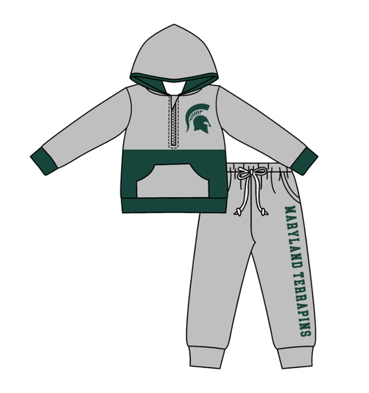 Custom moq 5 mix size eta 6-8weeks milk silk summer teams baby boy clothes gray green hooded long sleeve pants sets-25.10.27
