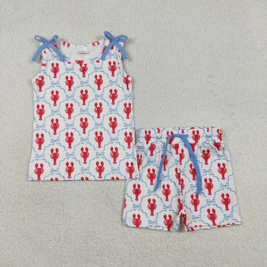 RTS NO MOQ（In Stock) GSSO3005 Lobster blue bow pattern plaid sleeveless shorts set