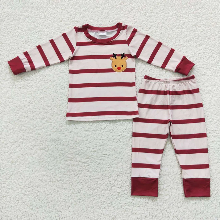 RTS NO MOQ Sibling Baby girls clothes embroidery Christmas deer long-sleeved trousers suits