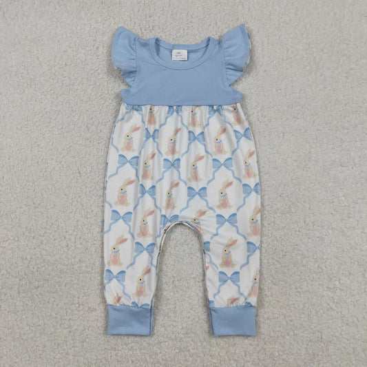 RTS NO MOQ（In Stock ) SR3806 Rabbit bow pattern blue and white flutter sleeve bodysuit