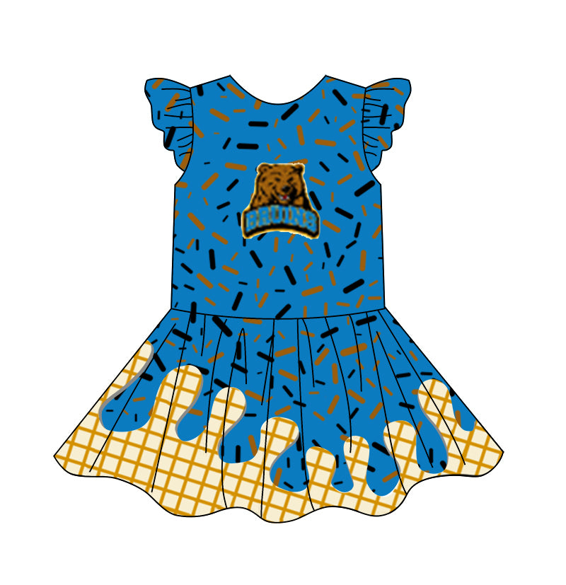 custom moq 3 eta 6-7weeks baby girls clothes team blue flying Sleeves Dress