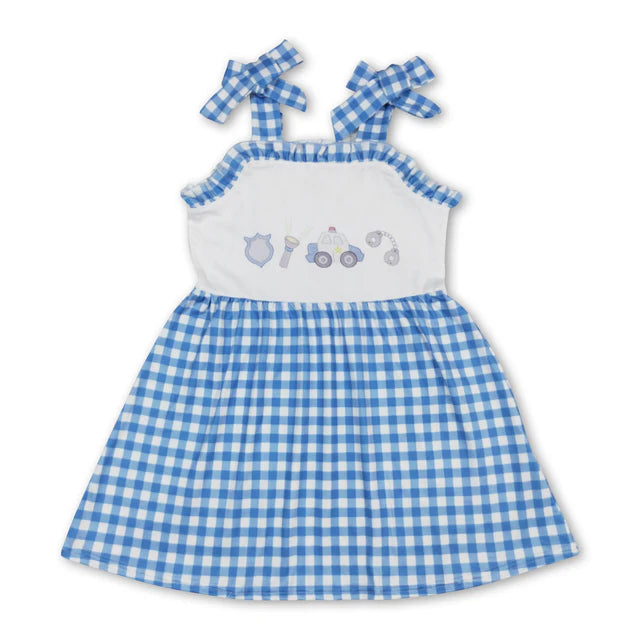 RTS NO MOQ Sibling Baby Girls Fire Truck Red Checkered Straps Knee Length Dresses