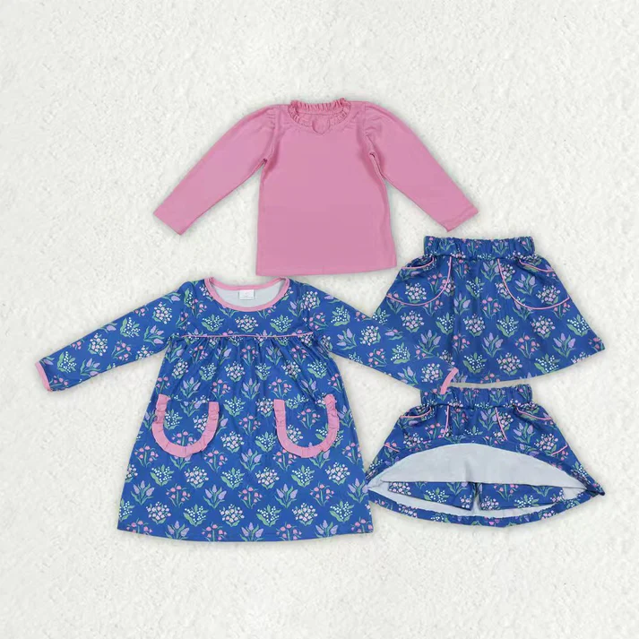 RTS Sibling baby girls clothes floral blue long Sleeve dress and skirts sets