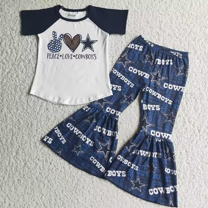 RTS NO MOQ Victory Sign-Heart-Five-Pointed Star Pattern Short Sleeve Flared Pants Suit
