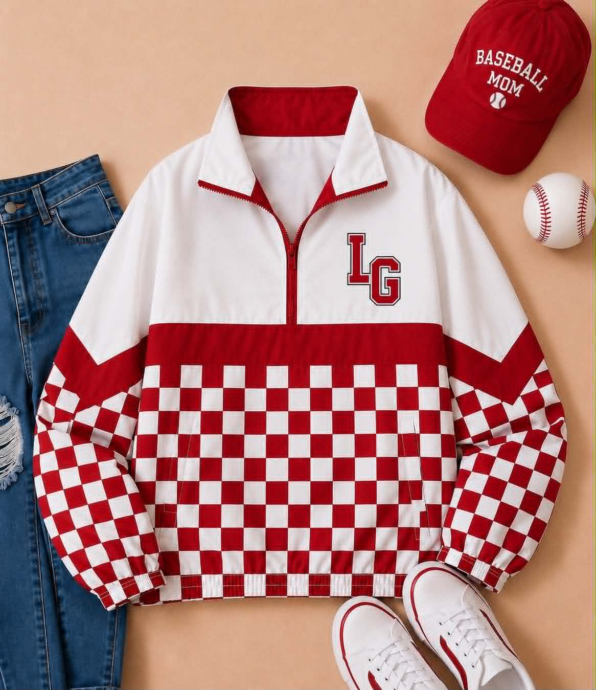 Custom moq 5 mix size Red and white plaid coat long sleeve