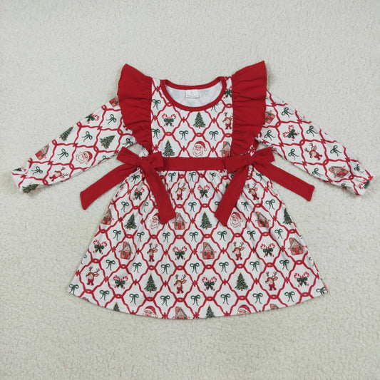 RTS NO MOQ（In Stock) GLD1158 Christmas long-sleeved dress with a bear house and bow pattern