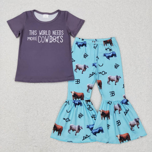 GSPO0939 this world needs more cowboys letter gray short sleeve cow blue trousers suit